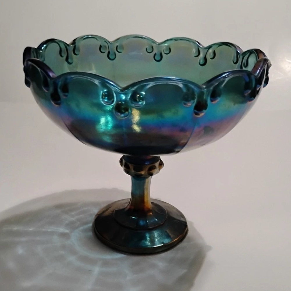Indiana Glass LG Pedestal Bowl Carnival Glass Peacock Blue Garland Iridescent